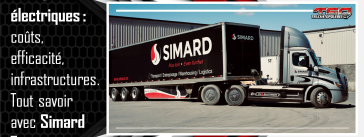 Brandon Abraham, Directeur des Services Partagés et Finance chez Simard Transport, et Sylvie Lemay, Chauffeuse de l'année 2024, discutent des camions électriques Freightliner eCascadia et de leur impact sur l'industrie du camionnage.