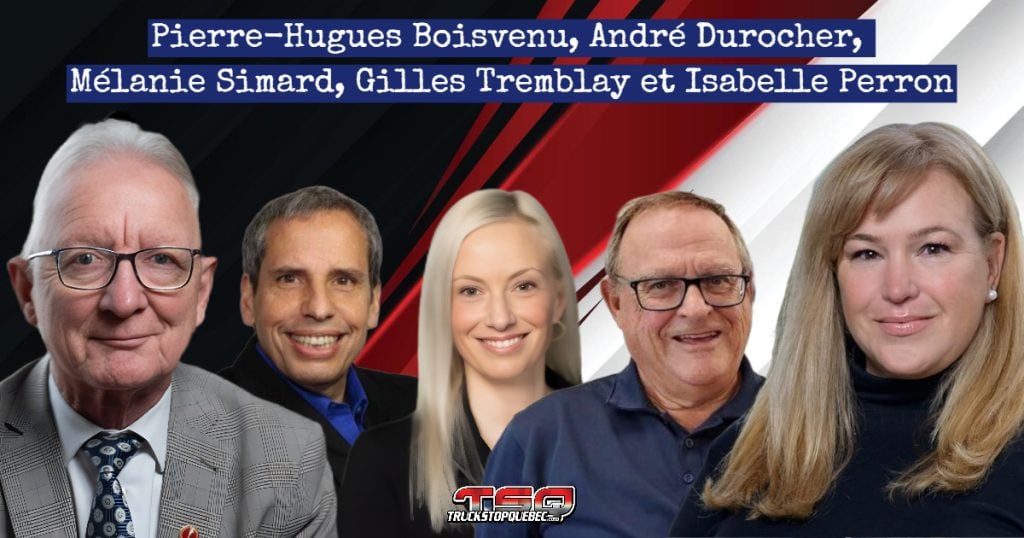 Pierre-Hugues Boisvenu, André Durocher, Mélanie Simard, Gilles Tremblay et Isabelle Perron qui, dans ce podcast, discute actualité, produits Prolab et camionnage!