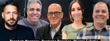 Yannick Marceau, Dominic Beaulac, Pierre Labrie, Chacha Chanelle Beaudin et André Tardif, qui participent à ce podcast sur le camionnage et La Randonnée des Transporteurs pour Opération Enfant Soleil.