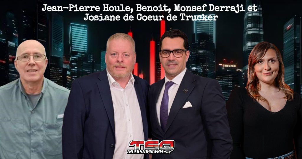 Jean-Pierre Houle, Benoit Therrien, Monsef Derraji et Josiane de Coeur de Trucker, que l'on peut entendre dans ce podcast spécialisé sur le camionnage.