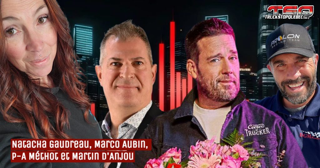 Natacha Gaudreau, Marco Aubin, P-A Méthot et Martin D'Anjou, qui discutent transport dans ce podcast sur la Radio des Camionneurs.