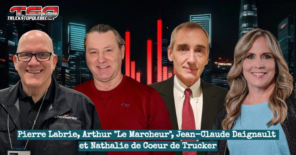 Arthur Fortin alias Arthur le Marcheur, Pierre Labrie de Transport Bernières, Jean-Claude Daignault de la Fraternité des constables, et Nathalie, candidate de Cœur de Trucker, en entrevue à la radio pour parler de défis humains, de sécurité routière et d’amour au volant.