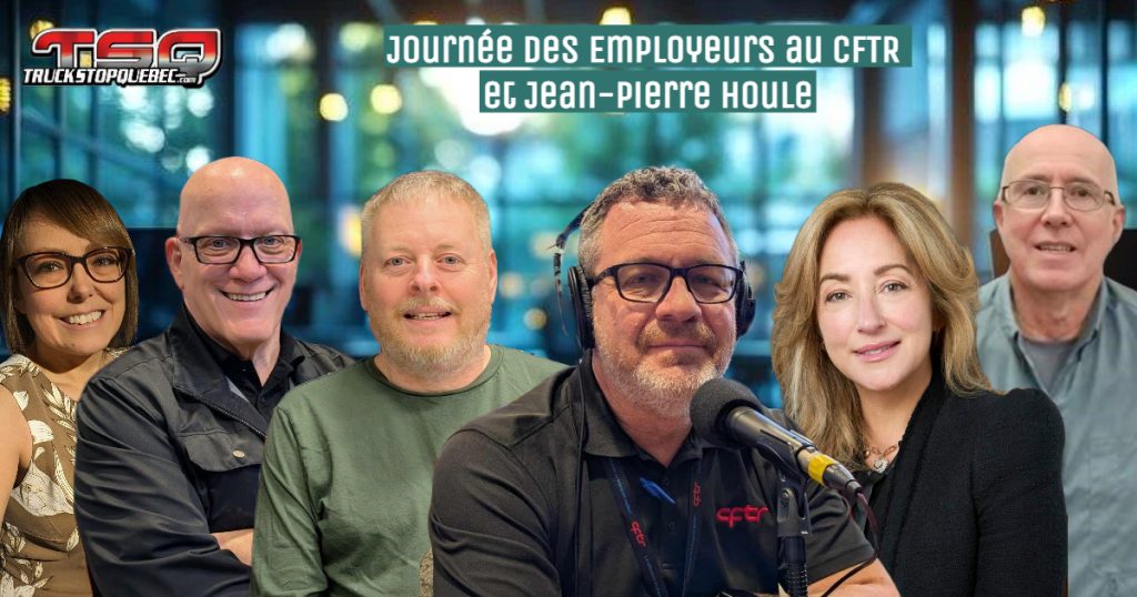 Photo des participants au podcast sur le camionnage, incluant Jean-Pierre Houle, Pierre Labrie du Groupe Bernières, Nathalie Messias, Valérien Perreve, Morgane Affia, Carole Lafond et Virginie Levasseur de Camo-Route, ainsi que François Lapointe, enseignant au Service aux entreprises du Centre de Formation du Transport Routier de Saint-Jérôme, enregistrée lors de la Journée des Employeurs à Mirabel.