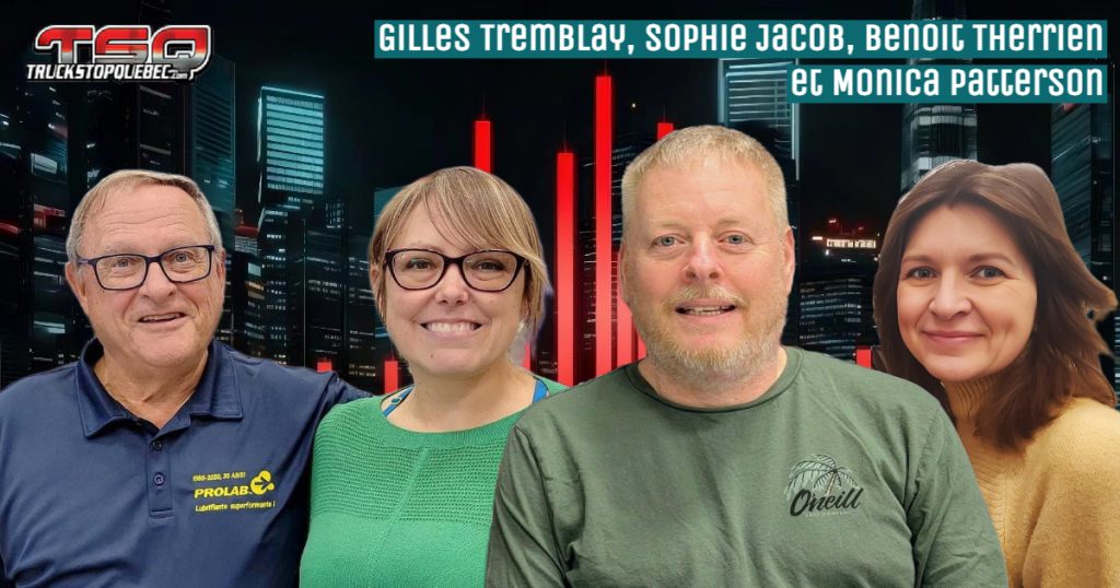 Gilles Tremblay de Prolab, Sophie Jacob, Benoit Therrien et Monica Patterson, qui participent à ce podcast sur l'entretien, la prévention des camions, la manifestation de l'ANCAI et le camionnage.