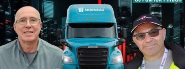 Jean-Pierre Houle, Patrick Pinson et un camion du groupe Morneau, que nous avons reçu pour parler camionnage dans notre podcast.