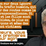Message de sensibilisation sur le trafic humain au Canada, particulièrement sur les routes 401 et Transcanadienne, un podcast réalisé avec Johanne Couture.