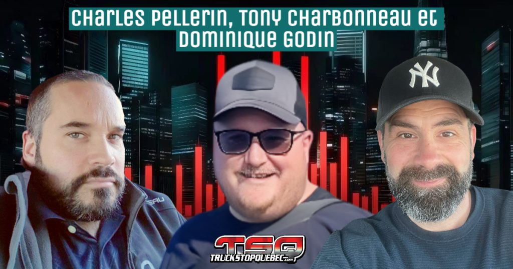 Charles Pellerin, Tony Charbonneau et Dominique Godin, qui discutent camionnage avec Marie Saint-Laurent dans ce podcast sur la radio des camionneurs.