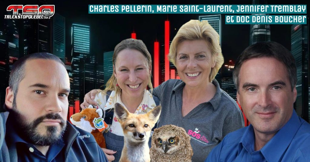 Charles Pellerin, Marie Saint-Laurent, Jennifer Tremblay de SOS Miss Dolittle, et Doc Denis Boucher, qui participent à ce podcast du camionnage.