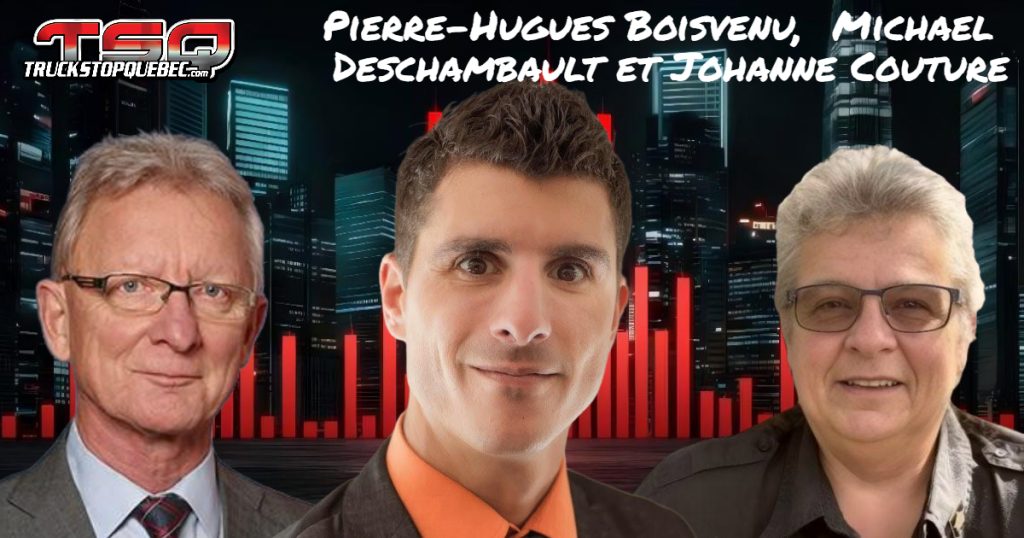 Pierre-Hugues Boisvenu, Michael Deschambault et Johanne Couture, qui participent à ce podcast sur la radio des camionneurs de Truck Stop Québec.