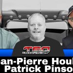 Montage photo montrant Jean-Pierre Houle, Benoit Therrien (au centre, avec le logo Truck Stop Québec) et Patrick Pinson, avec en arrière-plan la calandre d’un camion. En bas de l’image, une bande bleue et noire affiche le texte « Jean-Pierre Houle et Patrick Pinson ».