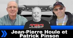 Montage photo montrant Jean-Pierre Houle, Benoit Therrien (au centre, avec le logo Truck Stop Québec) et Patrick Pinson, avec en arrière-plan la calandre d’un camion. En bas de l’image, une bande bleue et noire affiche le texte « Jean-Pierre Houle et Patrick Pinson ».