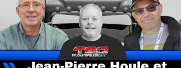 Montage photo montrant Jean-Pierre Houle, Benoit Therrien (au centre, avec le logo Truck Stop Québec) et Patrick Pinson, avec en arrière-plan la calandre d’un camion. En bas de l’image, une bande bleue et noire affiche le texte « Jean-Pierre Houle et Patrick Pinson ».