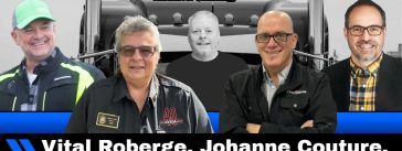 Vital Roberge de Permis Plus, Johanne Coutur, Benoit Therrien, Pierre Labrie et Karl McLellan de Bernières, qui parlent de formation, sécurité, embauche des chauffeurs et de la Semaine Nationale du Camionnage.