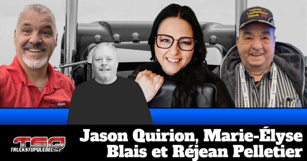 Jason Quirion, Marie-Élyse Blais et Réjean Pelletier qui parlent de camionnage avec Benoit Therrien sur la radio des camionneurs de Truck Stop Québec.