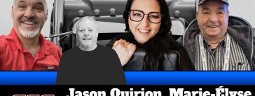 Jason Quirion, Marie-Élyse Blais et Réjean Pelletier qui parlent de camionnage avec Benoit Therrien sur la radio des camionneurs de Truck Stop Québec.