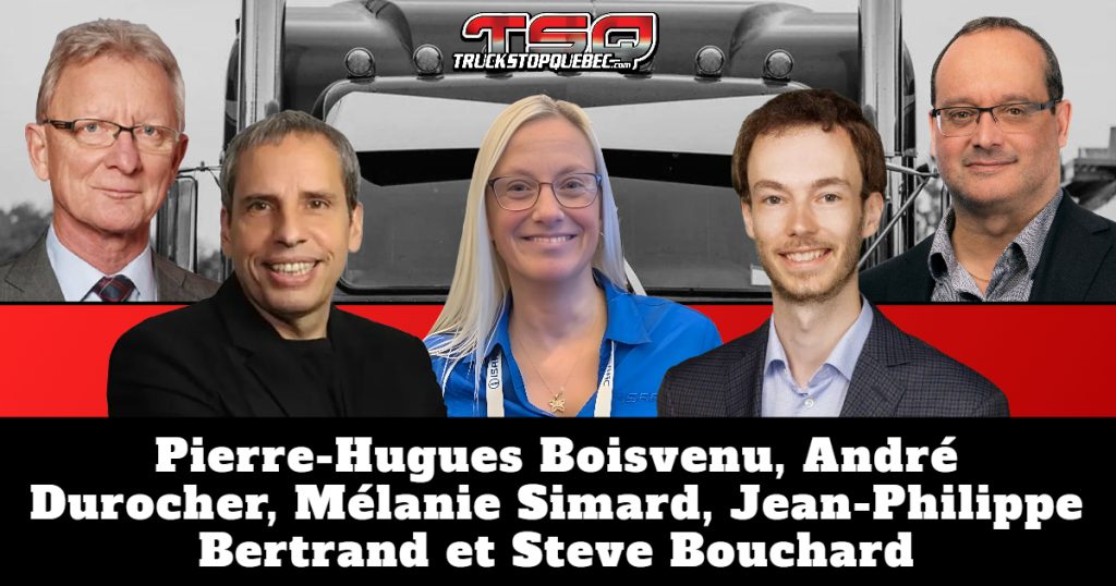 Pierre-Hugues Boisvenu, la chronique ISAAC avec André Durocher et Mélanie Simard, Jean-Philippe Bertrand, et Steve Bouchard de Transport Routier, qui ont participé à la radio de Truck Stop Québec avec Benoit Therrien.