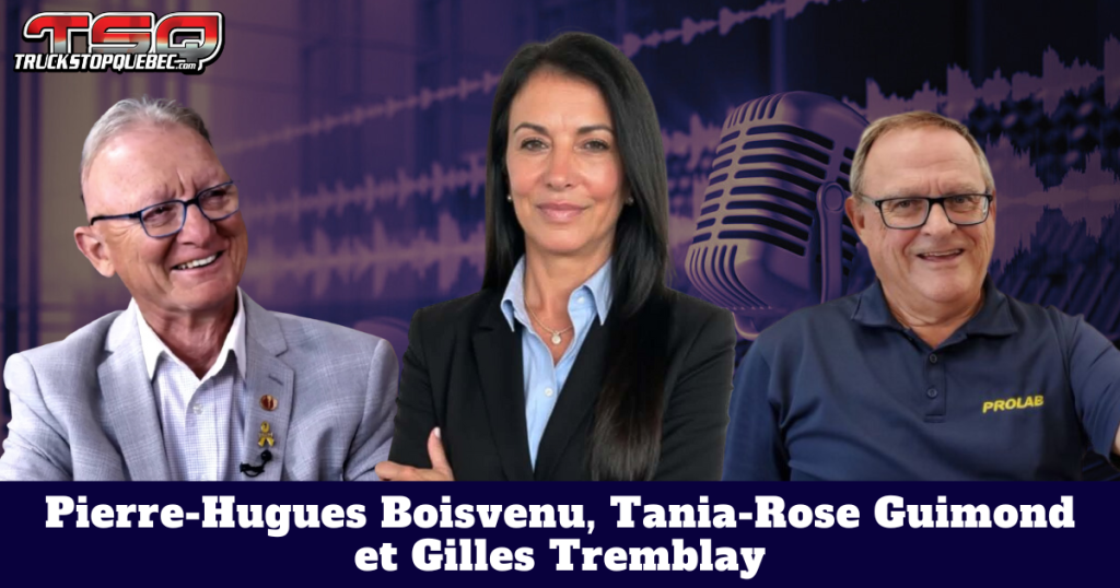 Pierre-Hugues Boisvenu, Tania-Rose Guimond et Gilles Tremblay de Prolab, qui discutent camionnage et actualité sur la radio de Truck Stop Québec.