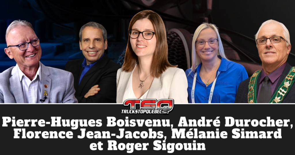 Pierre-Hugues Boisvenu, André Durocher, Mélanie Simard, Roger Sigouin et Florence Jean-Jacobs qui participent à ce podcast sur la radio des camionneurs de Truck Stop Québec.
