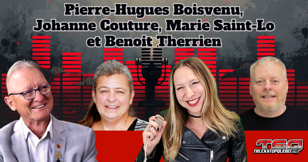Pierre-Hugues Boisvenu, Johanne Couture, Marie Saint-Laurent et Benoit Therrien, qui discutent actualité et camionnage sur la radio de Truck Stop Québec.
