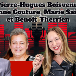 Pierre-Hugues Boisvenu, Johanne Couture, Marie Saint-Laurent et Benoit Therrien, qui discutent actualité et camionnage sur la radio de Truck Stop Québec.