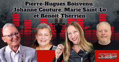 Pierre-Hugues Boisvenu, Johanne Couture, Marie Saint-Laurent et Benoit Therrien, qui discutent actualité et camionnage sur la radio de Truck Stop Québec.