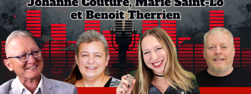 Pierre-Hugues Boisvenu, Johanne Couture, Marie Saint-Laurent et Benoit Therrien, qui discutent actualité et camionnage sur la radio de Truck Stop Québec.