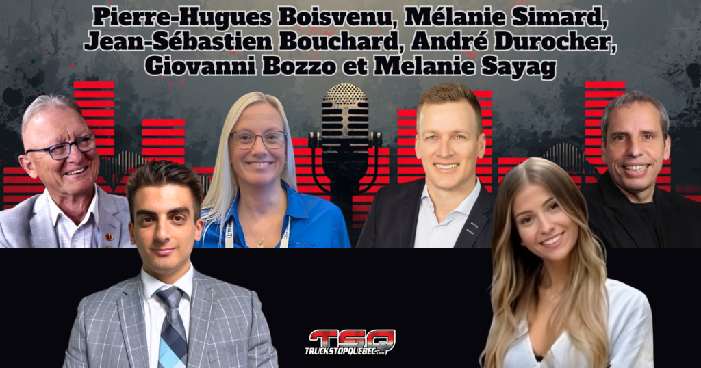 Pierre-Hugues Boisvenu, Mélanie Simard, Jean-Sébastien Bouchard, André Durocher, Giovanni Bozzo et Melanie Sayag, qui participent au podcast de TSQ, la radio des camionneurs.