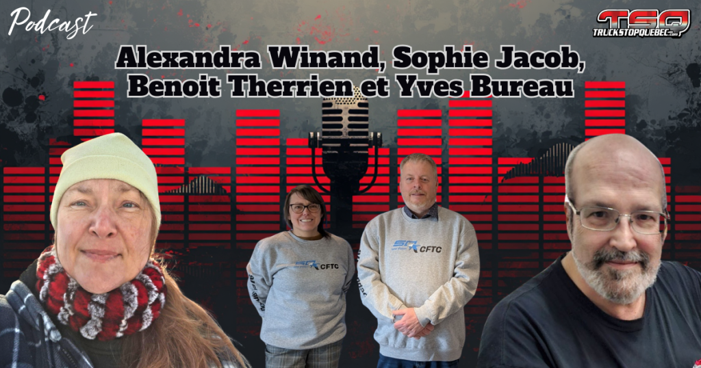 Alexandra Winand, Sophie Jacob, Benoit Therrien et Yves Bureau, qui discutent de camionnage sur la radio des camionneurs de Truck Stop Québec.