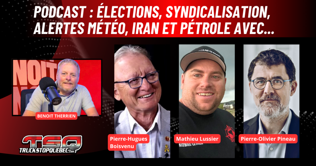 Pierre-Hugues Boisvenu, Mathieu Lussier et Pierre-Olivier Pineau au micro de Benoit Therrien sur la radio des camionneurs de Truck Stop Québec.