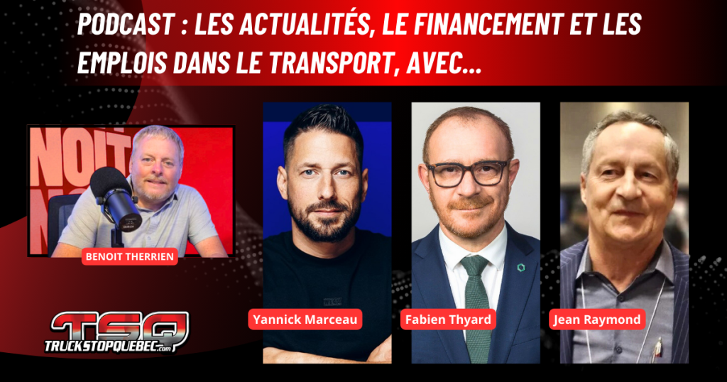 Benoit Therrien, animateur, avec Yannick Marceau, Fabien Thyard et Jean Raymond pour parler d'actualités, financement et emplois dans le transport sur la radio de Truck Stop Québec.