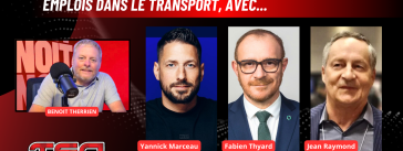 Benoit Therrien, animateur, avec Yannick Marceau, Fabien Thyard et Jean Raymond pour parler d'actualités, financement et emplois dans le transport sur la radio de Truck Stop Québec.