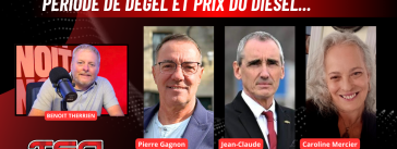 Pierre Gagnon de Burrowes, Jean-Claude Daignault de la FCCRQ et Caroline Mercier, qui discutent du camionnage au micro de Benoit Therrien sur la radio des camionneurs.