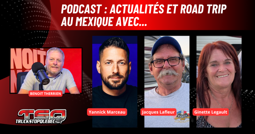 Yannick Marceau, Jacques Lafleur et Ginette Legault au micro de Benoit Therrien sur la radio des camionneurs de Truck Stop Québec.