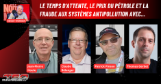 Jean-Pierre Houle, Claude Bélanger, Patrick Pinson et Thomas Gerbet, au micro de Benoit Therrien sur la radio des camionneurs de Truck Stop Québec.