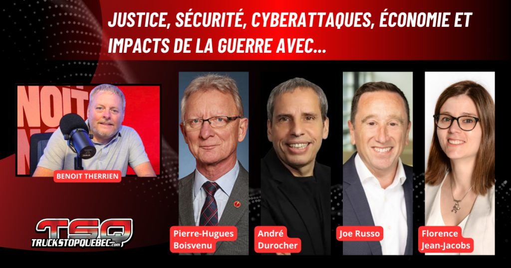 Pierre-Hugues Boisvenu, André Durocher, Joe Russo d'ISAAC Instruments et Florence Jean-Jacobs de Desjardins Caisse des Transports, au micro de Benoit Therrien sur la radio des camionneurs.