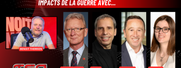 Pierre-Hugues Boisvenu, André Durocher, Joe Russo d'ISAAC Instruments et Florence Jean-Jacobs de Desjardins Caisse des Transports, au micro de Benoit Therrien sur la radio des camionneurs.