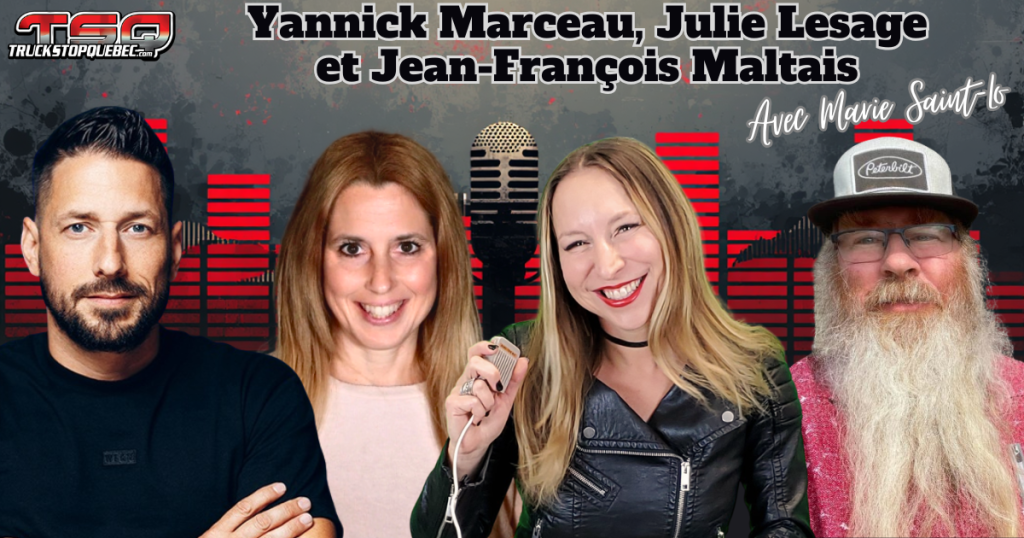 Yannick Marceau, Julie Lesage et Jean-François Maltais, au micro de Marie Saint-Lo sur la radio des camionneurs de Truck Stop Québec.