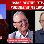 Pierre-Hugues Boisvenu et Gilles Tremblay de Prolab, qui sont au micro de Benoit Therrien, expert en transport, sur la radio du camionnage.