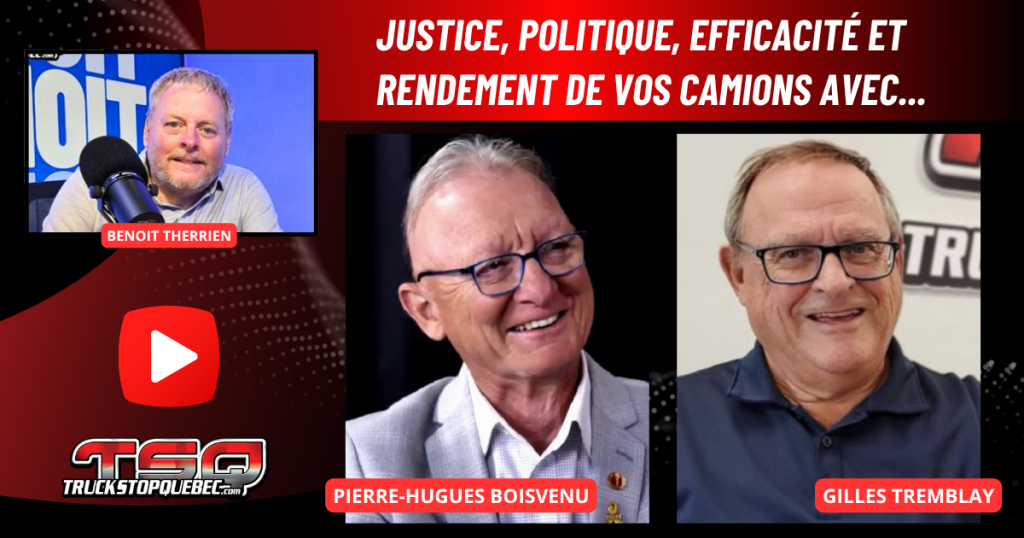 Pierre-Hugues Boisvenu et Gilles Tremblay de Prolab, qui sont au micro de Benoit Therrien, expert en transport, sur la radio du camionnage.
