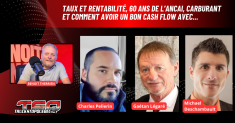 Charles Pellerin, Gaétan Légaré et Michael Deschambault au micro de l'expert en transport Benoit Therrien, de Truck Stop Québec.