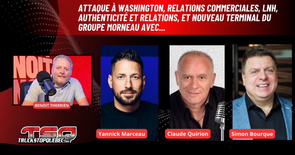 Yannick Marceau, Claude Quirion et Simon Bourque au micro de Benoit Therrien, sur la radio des camionneurs de Truck Stop Québec.