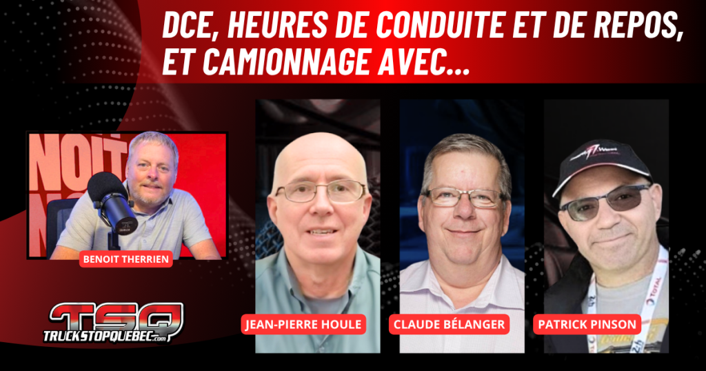 Jean-Pierre Houle, Claude Bélanger et Patrick Pinson sur les ondes de Truck Stop Québec avec Benoit Therrien, animateur, propriétaire et expert en camionnage.