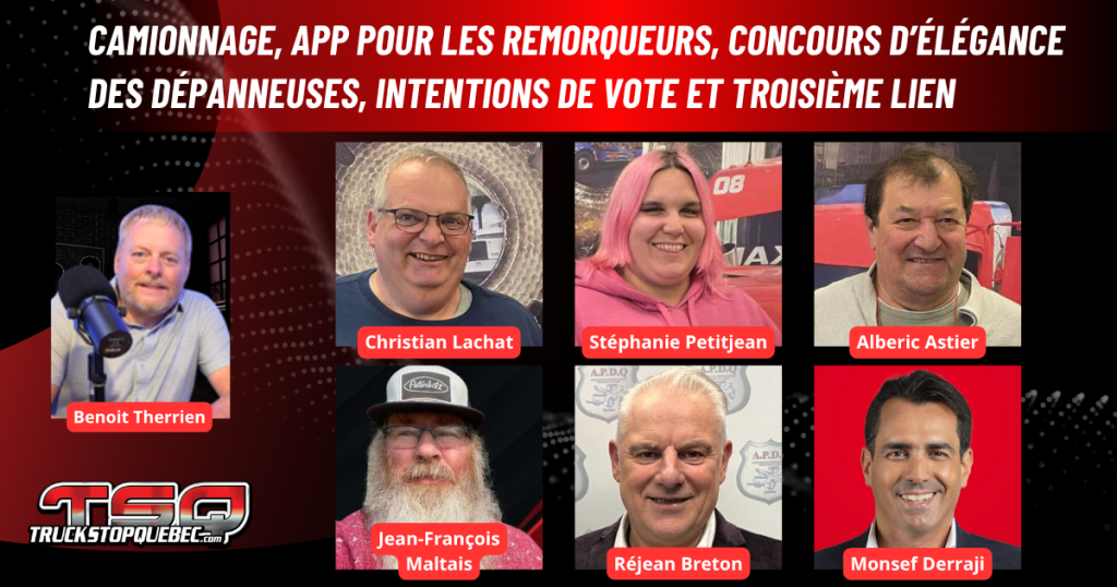 Christian Lachat, Stéphanie Petitjean, Alberic Astier, Jean-François Maltais, Monsef Derraji et Réjean Breton au micro de Benoit Therrien sur la radio de Truck Stop Québec.