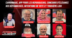 Christian Lachat, Stéphanie Petitjean, Alberic Astier, Jean-François Maltais, Monsef Derraji et Réjean Breton au micro de Benoit Therrien sur la radio de Truck Stop Québec.