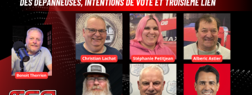 Christian Lachat, Stéphanie Petitjean, Alberic Astier, Jean-François Maltais, Monsef Derraji et Réjean Breton au micro de Benoit Therrien sur la radio de Truck Stop Québec.