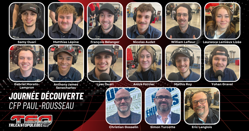 On discute dans ce podcast du camionnage en direct du CFP Paul-Rousseau à : Anthony Senecharles, étudiant, Nicolas Audet, étudiant, François Bélanger, enseignant, William Lafleur, étudiant, Samy Ouari, étudiant, Mathias Lépine, étudiant, Yohan Gravel, étudiant, Mathis Roy, étudiant, Lyes Ouari, étudiant, Gabriel Morato Lampron, étudiant, Christian Gosselin, directeur général du centre, Simon Turcotte, directeur adjoint du centre, Éric Langlois et Laurence Lemieux Lizée de TYT, puis finalement Anick Forcier, étudiante.