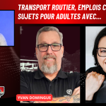 Yvan Domingue de Transport Grayson et Marie-Élyse Blais de Éros sont au micro de Benoit Therrien, expert en transport, pour discuter avec les camionneurs.