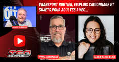 Yvan Domingue de Transport Grayson et Marie-Élyse Blais de Éros sont au micro de Benoit Therrien, expert en transport, pour discuter avec les camionneurs.