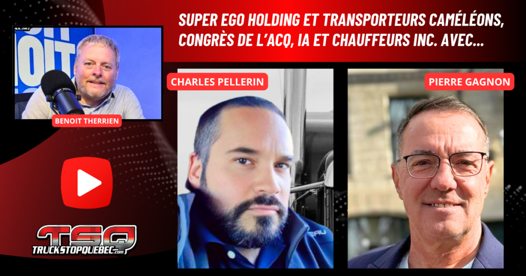 Charles Pellerin et Pierre Gagnon discutent au micro de l'expert en transport, Benoit Therrien, sur la radio du camionnage.