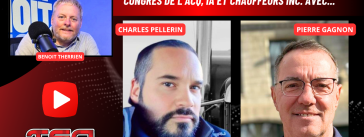 Charles Pellerin et Pierre Gagnon discutent au micro de l'expert en transport, Benoit Therrien, sur la radio du camionnage.